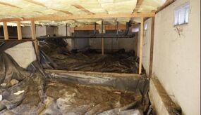 Damaged and dirty crawl space with black plastic, moisture on the ground, and visible insulation in ceiling